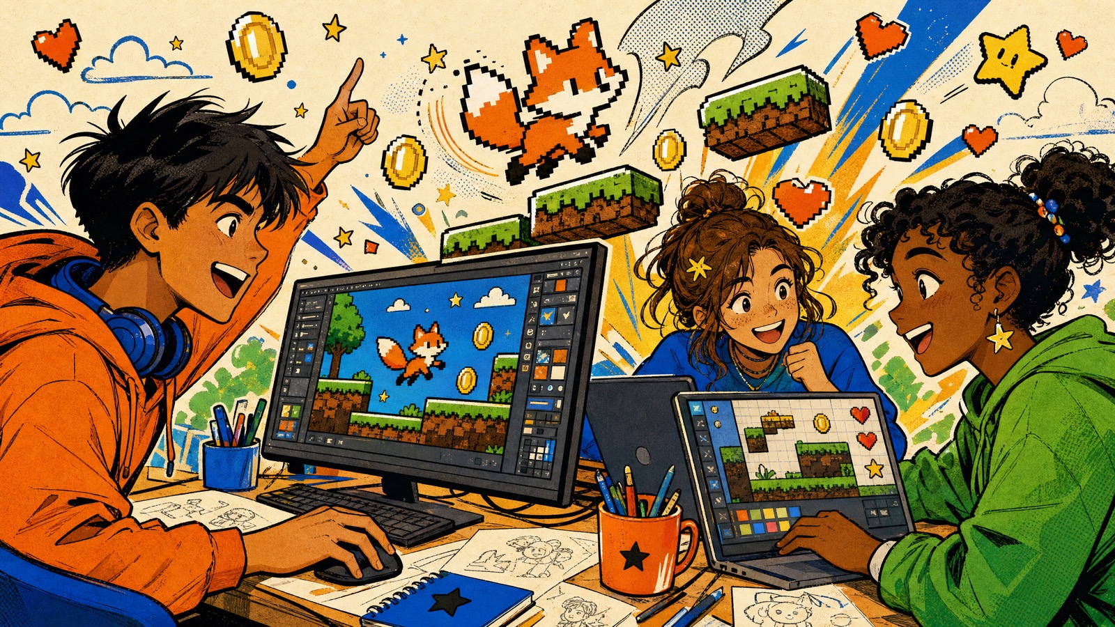 Kids and teens building their own 2D platformer game with AI in Makery — a pixel fox grabbing coins across bright platforms bursting out of their screens
