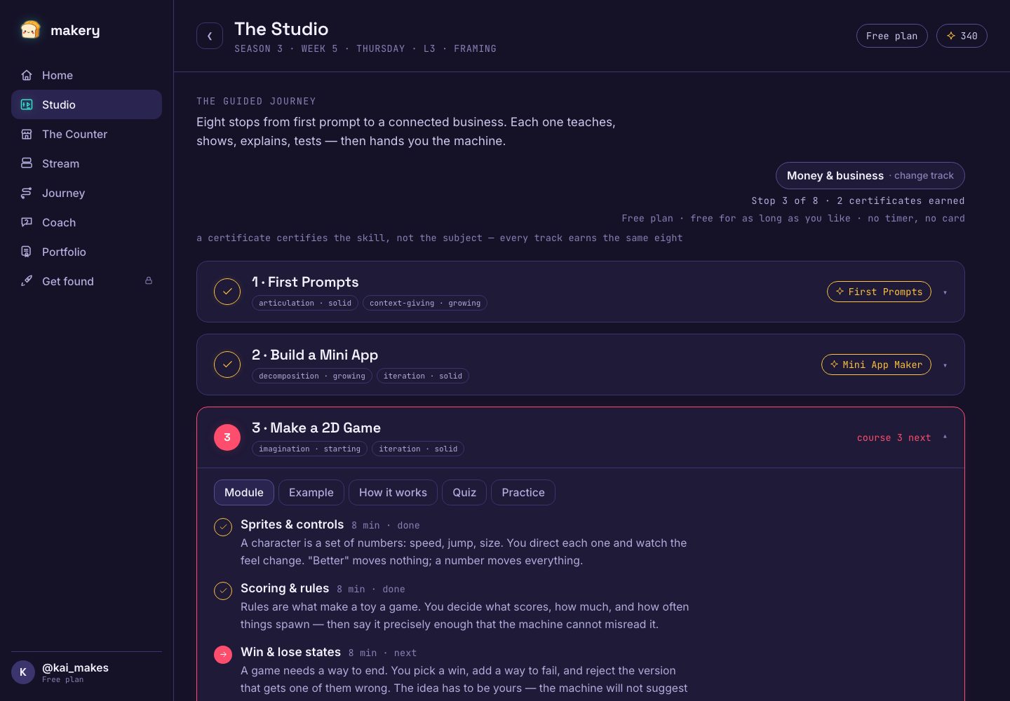 The Makery Studio — the guided eight-stop journey with a live playground